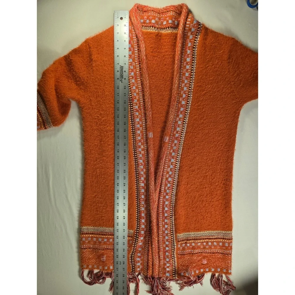 Fuzzy Boho Women's Open Front Long Cardigan Fringe Hem Orange Multi Size XL